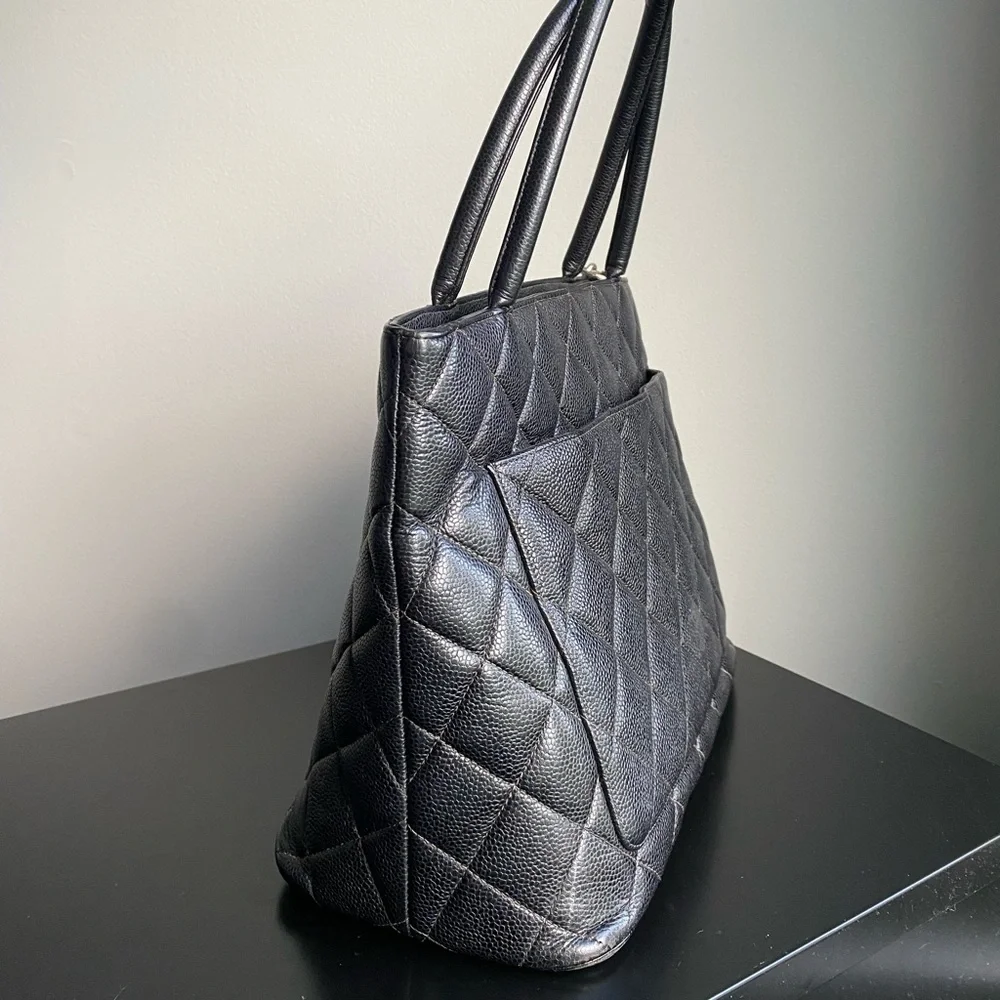 CHANEL MEDALLION BLACK & SILVER HARDWARE QUILTED CAVIAR TOTE